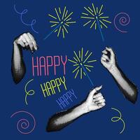 Vintage design of the New Year's banner of the 90s with the image of hands holding sparklers. A collage of dots. Retro party. illustration for a poster or greeting card. Bright shine vector