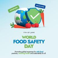 mundo comida la seguridad día social medios de comunicación enviar diseño valores ilustración. 7mo de junio comida la seguridad día con tierra globo, vegetales y frutas vector