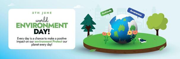 World Environment day. 5th June World environment day celebration banner, post with icons of healthy environment trees, birds, earth globe, birds, flowers. This day raise awareness on global warming vector
