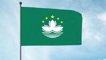 3D Illustration of the Macau Regional Flag is a green flag with five stars, lotus flower, bridge and seawater. video