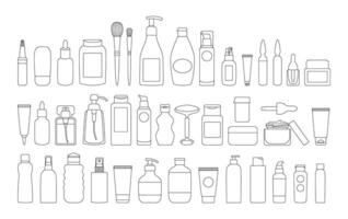 Big set of linear cosmetics packaging - jars, bottles, tubes, facial roller, brushes. Skin and body care, beauty routine, SPF protection. Organic eco cosmetics icons, logos, doodles. Coloring book. vector
