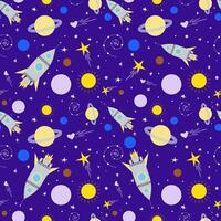 Seamless pattern, solar system planets with cute kids spaceship. vector