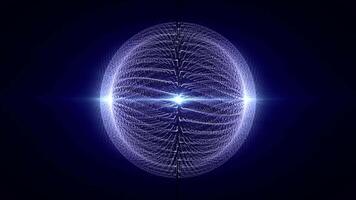 Seamless loop animation of rotating abstract energy sphere made of glowing hi-tech waves of white particles on a shining dark blue background , motion graphics , looped , 4k , 60 fps video