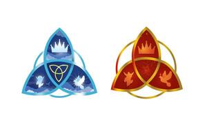 Holy Trinity Symbols Isolated on white background. Religious icons inside a metallic triquetra. The Crown, silhouette of Jesus Christ in Heaven, the Holy Spirit Dove. Blue and red and gold version. vector