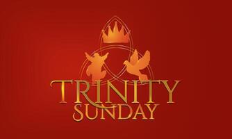 Gold and Red Trinity Sunday Banner Artwork. Metallic Trinity Sunday icons, crown, Jesus Christ silhouette, holy spirit dove symbols in metal design with the outline of a triquetra. Typographic emblem vector