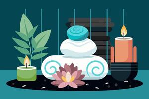 Elegant spa setting with lit candles, flowers, towels. Calming wellness retreat for relaxation. Concept of luxury Thai spa, tranquility, indulgence. Graphic illustration. Print, design element vector