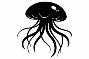 Black silhouette of Jellyfish with flowing tentacles. Oceanic medusa. Concept of ocean animal, sea creature. Graphic illustration. Print, icon, logo, element for design. Isolated on white background vector