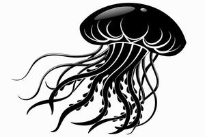 Black silhouette of Jellyfish with flowing tentacles. Oceanic medusa. Concept of ocean animal, sea creature. Graphic illustration. Print, icon, logo, element for design. Isolated on white background vector