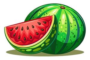Whole watermelon with juicy slice cut out. Illustration of fresh watermelon. Concept of summer, freshness, fruit, and healthy eating. Graphic art. Isolated on white background. Print, design element vector