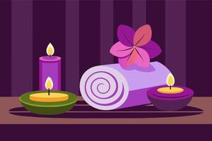 Elegant purple spa setting with lit candles, flowers, towels. Calming wellness retreat for relaxation. Concept of luxury Thai spa, tranquility, indulgence. Graphic illustration. Print, design element vector