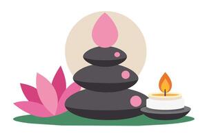 Tranquil spa decor with candles, lotus flowers, and balancing stones. Serene zen setting illustration. Concept of relaxation, spa therapy, mindfulness. Graphic art. Isolated on white vector