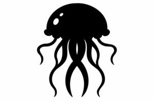 Black silhouette of Jellyfish with flowing tentacles. Oceanic medusa. Concept of ocean animal, sea creature. Graphic illustration. Print, icon, logo, element for design. Isolated on white background vector