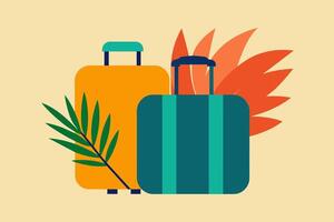 Isolated Suitcases with tropical palm leaves. Travel luggage ready for holiday. Concept of vacation, travel gear, tropical destination, journey. Graphic illustration. Print, textile, design element vector