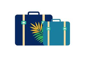 Isolated Suitcases with tropical palm leaves. Travel luggage ready for holiday. Concept of vacation, travel gear, tropical destination, journey. Graphic illustration. Print, textile, design element vector