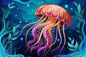 Medusa con fluido tentáculos nadando en el océano. concepto de Oceano animal, mar criatura. gráfico ilustración. impresión vector
