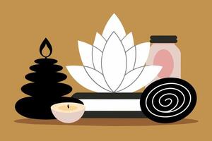 Spa setting with lit candles, flowers, towels. Calming wellness retreat for relaxation. Concept of luxury Thai spa, tranquility, indulgence. Graphic illustration. Print, design element vector