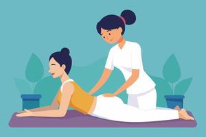 Asian masseuse giving a back massage to a female client in a spa setting. Relaxing massage therapy session. Concept of wellness, relaxation, therapeutic touch, spa treatment. Graphic art vector
