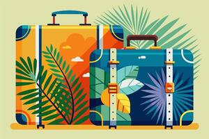 Isolated Suitcases with tropical palm leaves. Travel luggage ready for holiday. Concept of vacation, travel gear, tropical destination, journey. Graphic illustration. Print, textile, design element vector