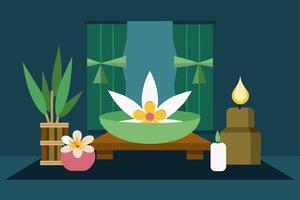 Elegant spa setting with lit candles, flowers, towels. Calming wellness retreat for relaxation. Concept of luxury Thai spa, tranquility, indulgence. Graphic illustration. Print, design element vector