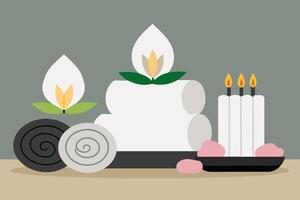 Spa setting with lit candles, flowers, towels. Calming wellness retreat for relaxation. Concept of luxury Thai spa, tranquility, indulgence. Graphic illustration. Print, design element vector
