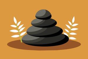 Stacked smooth stones with a decorative branch on a warm orange background. Zen stone stack illustration. Concept of balance, harmony, simplicity, and peace. Graphic art vector