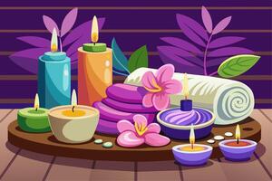 Elegant purple spa setting with lit candles, flowers, towels. Calming wellness retreat for relaxation. Concept of luxury Thai spa, tranquility, indulgence. Graphic illustration. Print, design element vector