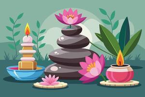 Illustrated spa setting featuring candles, smooth stones, and blooming lotus. Calm zen spa composition. Concept of wellness, serenity, relaxation techniques, peaceful decor. Graphic art vector