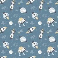 Rockets in space, seamless pattern. Galaxy, dreams, universe. Space trip. Flight among planets and stars. Shuttle, UFO, future. For wallpaper, fabric, packaging, background. Scandinavian style vector