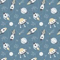 Rockets in space, seamless pattern. Galaxy, dreams, universe. Space trip. Flight among planets and stars. Shuttle, UFO, future. For wallpaper, fabric, packaging, background. Scandinavian style vector