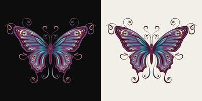Fantasy colored butterfly with curled antennae, stretched wings in Art Nouveau style. Single isolated colorful illustration in vintage style. Top view. vector