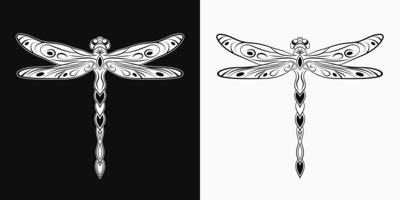Fantasy dragonfly with stretched wings in Art Nouveau style. Single isolated black and white illustration in vintage style. Top view.