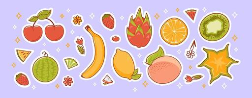 conjunto de exótico verano tropical frutas, en kawaii estilo. limón, cereza, Lima, sandía, continuar fruta, estrella Fruta y kiwi, fresas sano alimento. melocotón pelusa. para pegatinas, diseño elementos vector