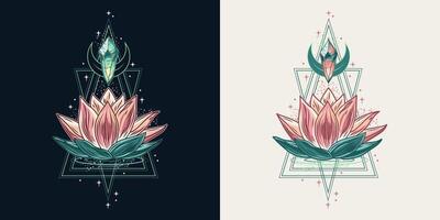 Colorful vertical composition with lotus flower, magic glowing crystal, outline triangular shapes. Mysterious, mystical concept for meditation, clear consciousness. Vintage style. vector