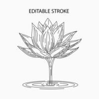 Blooming Lotus flower on stem rising from the water. Side view. Editable stroke. Vintage illustration on black, white background. vector