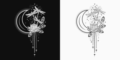 Vertical black and white celestial composition with lotus flower, flying fantasy dragonflies, moon crescent, stars. Mysterious, mystical concept. Vintage style. vector