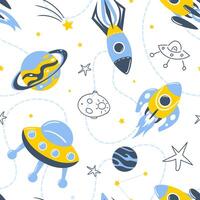 Rockets in space, seamless pattern. Galaxy, dreams, universe. Space trip. Flight among planets and stars. Shuttle, UFO, future. For wallpaper, fabric, packaging, background. Scandinavian style vector