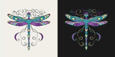 Pixie, little fairy stylized like dragonfly with curled antennae, stretched wings in Art Nouveau style. Single isolated colorful illustration in vintage style. vector