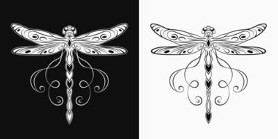 Fantasy dragonfly with curled antennae, stretched wings in Art Nouveau style. Single isolated colorful illustration in vintage style. Top view. vector