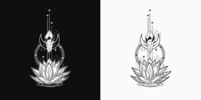 Vertical black and white composition with lotus flower, magic glowing crystal. Mysterious, mystical concept for meditation, clear consciousness. Vintage style. vector