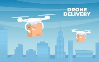 Delivery drone with the cardboard box flying over the town. Quadcopter carrying a package to customer. Technological shipment innovation. Drone delivery service. vector