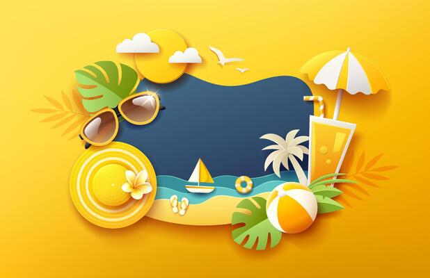 Summer holiday fun, with tropical green leaf on sea beach, paper cut concept design on yellow background