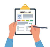 Credit score, gauge. Holding the clipboard in the hands of a man with a personal credit information. Report form document. vector