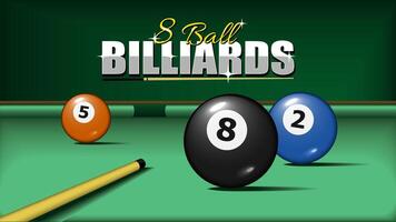 Billiard pool balls game home screen. with numbers eight, 3d objects two and five. Realistic glossy snooker ball vector