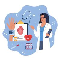 médico examen y cardiología chequeo. tonómetro medición alto sangre presión, prueba tubos, jeringuilla, paciente médico tarjeta, medicamentos, jeringuilla, corazón. vector