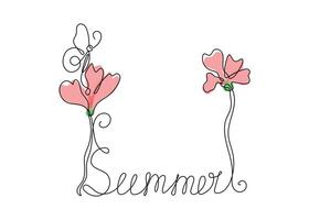 Summer time. Continuous one line drawing of flower and butterfly. Drawn poppy flowers. Hand lettering Summer. vector