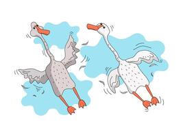 Set of cute geese flying in the clouds. Funny goose birds in the sky. Animal, bird, feathers, flat cartoon illustration on isolated background. vector