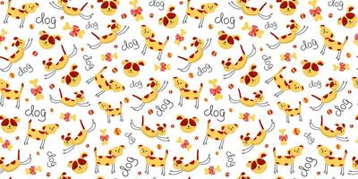 Pattern of cartoon animals, pets, dogs in different poses. Set cute puppies. Hand lettering, seamless background. vector