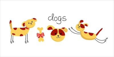Cartoon animals, pets, dogs in different poses. Seth cute puppies. Hand lettering, illustration. Background isolated. vector