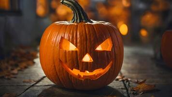 A glowing jack-o'-lantern sits amidst autumn leaves against a dark, moody backdrop with a full moon and faintly lit lanterns, evoking the Halloween spirit video