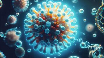 shows a digital 3D representation of a virus, possibly meant to depict a pathogen such as the coronavirus video